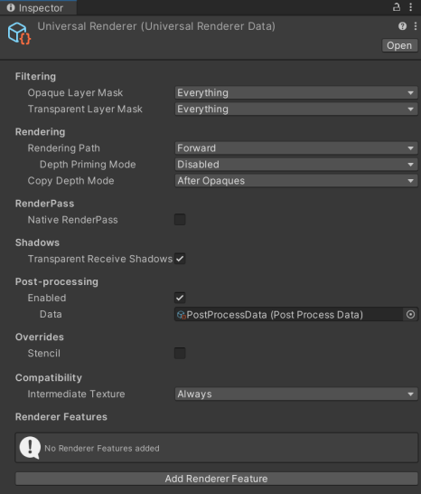 Окно Inspector показывает свойства Renderer.