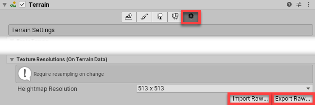 Кнопки Import Raw и Export Raw в настройках рельефов Inspector