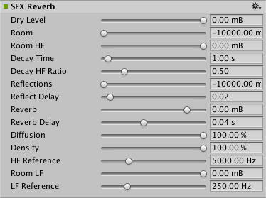 AudioGroup Inspector отображает настраиваемые свойства эффекта Reverb SFX.