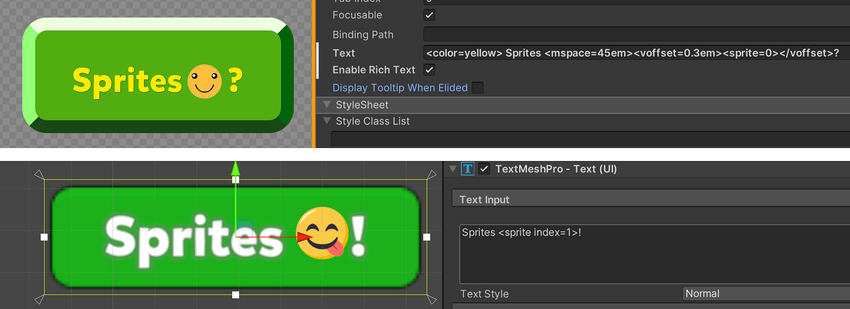 Добавить Sprite Asset в текстовое поле в UI Toolkit с помощью тегов Rich Text: Убедитесь, что установлен флажок Enable Rich Text (вверху).