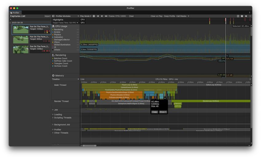 Окно Profiler с рамкой в выбранном модуле CPU Использование Profiler. Представление Timeline выбрано в панели деталей.