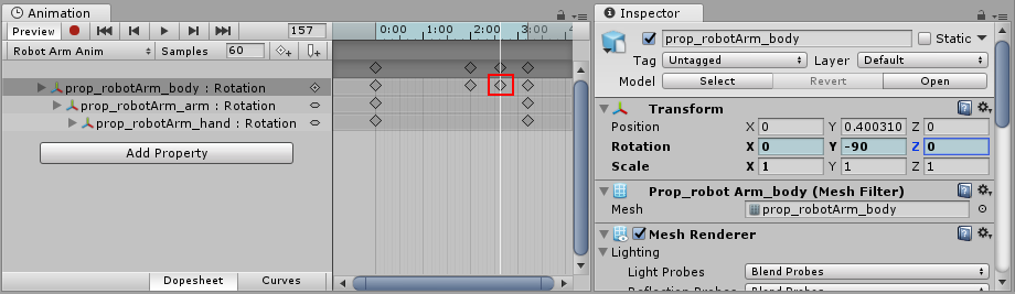 С добавлением нового ключевого кадра (отмеченного красным), значения в инспекторе возвращаются к синему оттенку.