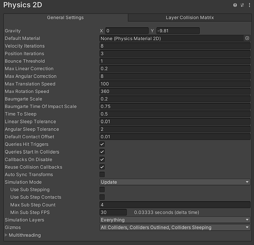 Физика 2D Inspector настройки