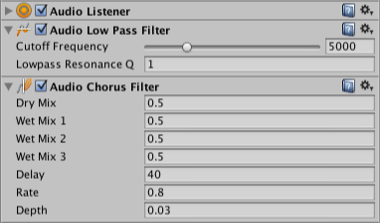 Audio Inspector отображает компонент Audio Listener, за которым следуют компоненты Audio Low Pass Filter и Audio Chorus Filter, которые его модифицируют.