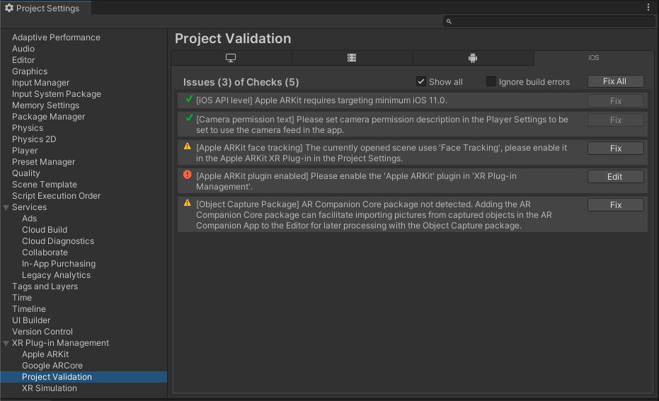 Раздел Project Validation настроек XR Plug-in Management.