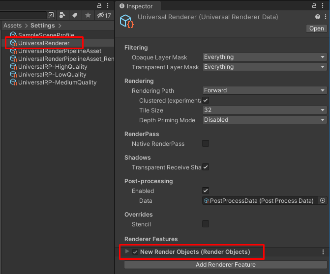 UniversalRenderer с назначенным ему Renderer Feature.