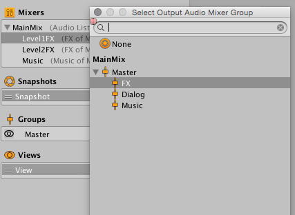 Диалоговое окно Выбор Группы Аудиомиксеров Вывода показывает взаимоотношения между Аудиомиксерами и их Группами Аудиовиходов.