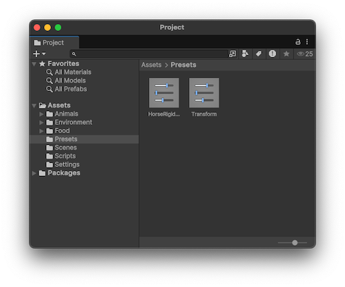 Пример ресурсов Preset в окне Project, организованных в подпапку Presets