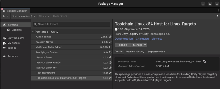 Окно Package Manager со встроенным пакетом Linux