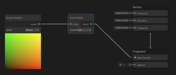 Shader Graph с узлом Положение экрана, подключенным к узлу Глубина Scene