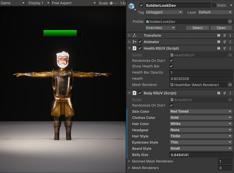 Вид Game сцены LookDev, отображающей солдата в Т-позе, и окно Inspector, отображающее свойства для изменения внешности солдата с помощью RSUV.