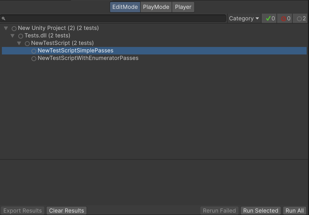 В окне Test Runner отображаются образцы тестов из файла NewTestScript.