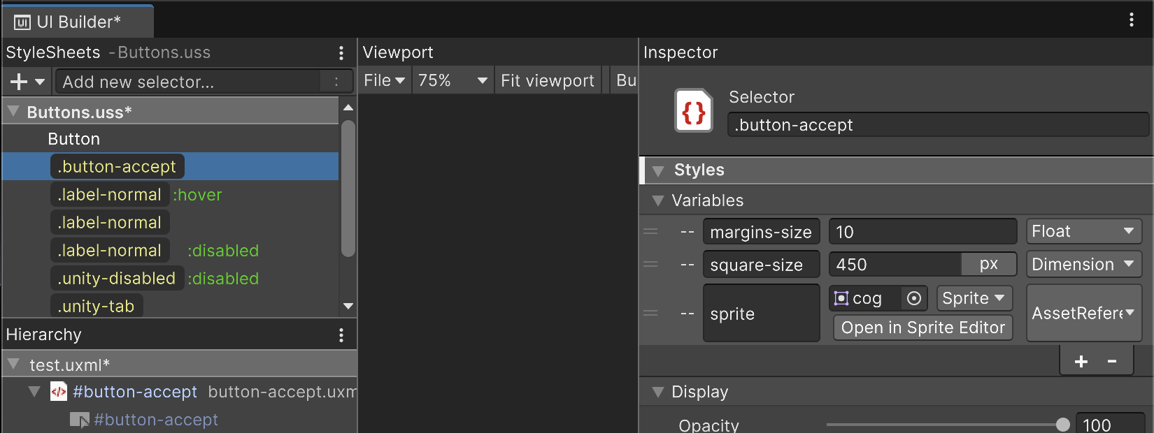 Переменные в селекторах USS доступны для создания и редактирования в UI Builder в Unity 6.1.