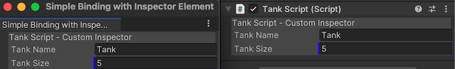 Отображает окно Unity Editor и Inspector с пользовательским полем для изменения имени GameObject и другим полем для изменения его размера.