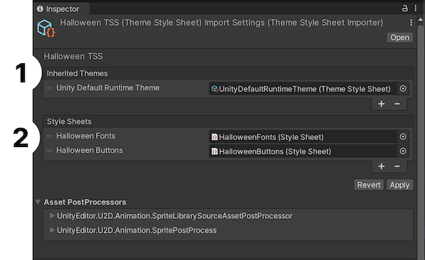 В этом примере элементов UI с темой Хэллоуина, Halloween TSS сначала наследует от Unity Runtime по умолчанию TSS, затем добавляет тематические таблицы стилей для Шрифтов и Кнопок.