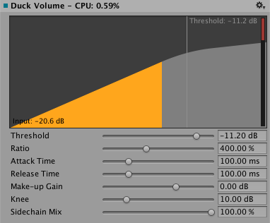 В окне AudioGroup Inspector отображаются настраиваемые свойства блока Duck Volume.