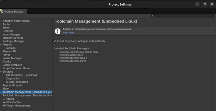 Установленные пакеты в Toolchain Management (Embedded Linux)