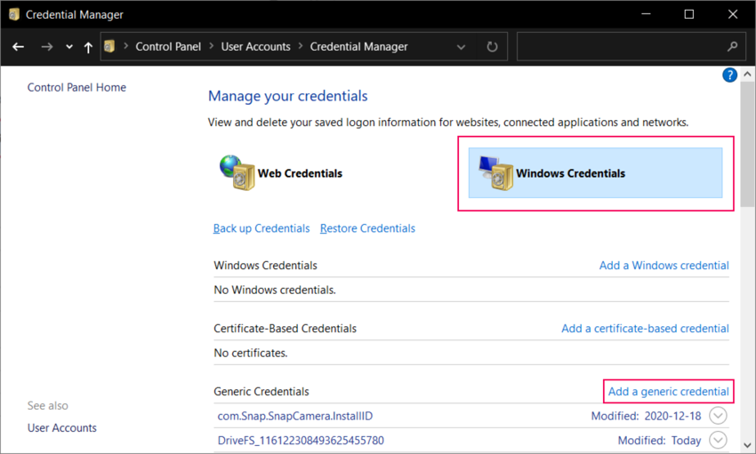 Добавление общих учетных данных в диспетчере учетных данных Windows