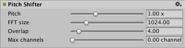 AudioGroup Inspector отображает настраиваемые свойства эффекта Audio Pitch Shifter.