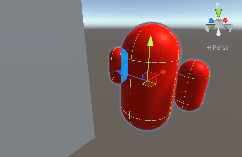 Красные символы движутся за стеной. Unity отображает скрытые части, используя синий материал.