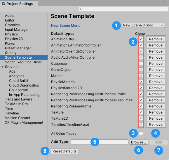 Раздел Scene Template окна настроек Project.