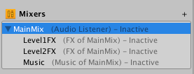 Панель Mixers в окне Audio Mixers, включая кнопку со знаком плюс для создания нового Audio Mixer.