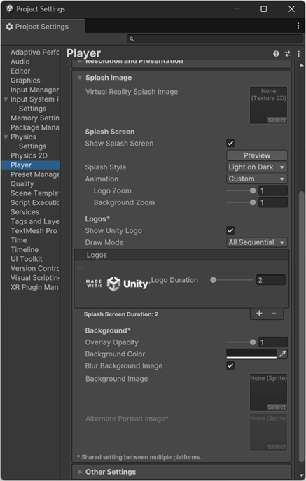 Окно настроек Splash Image Player