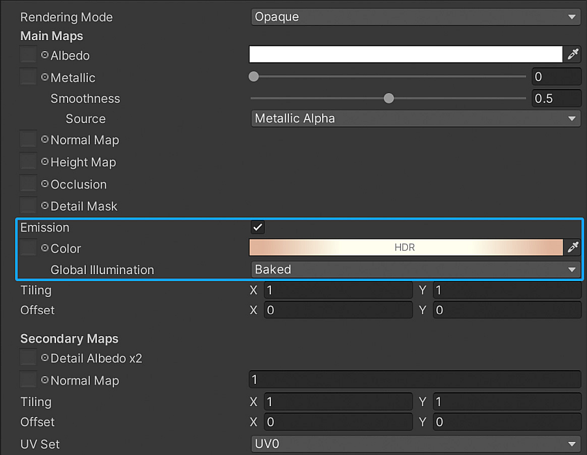 Стандартный Shader Material Inspector окно в Встроенном конвейере рендеринга. Свойства Emitting выделены синим квадратом.