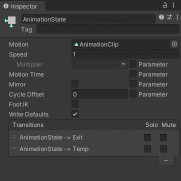 Animation Свойства состояния в окне Inspector.