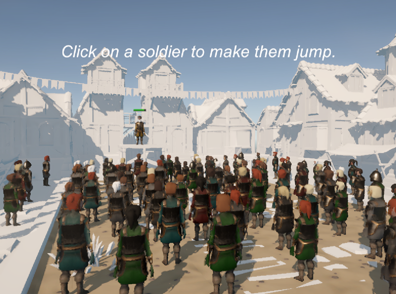 Вид Game сцены Агоры, отображающий множество солдат, все с разными внешностями.