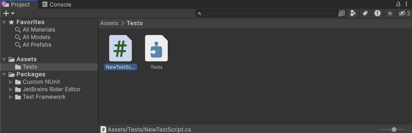 В окне Project отображается вновь созданный файл NewTestScript.cs в подпапке Tests папки Assets.