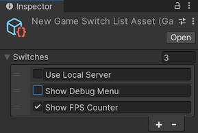 Список пользовательских переключателей, отображаемых в Unity Editor.