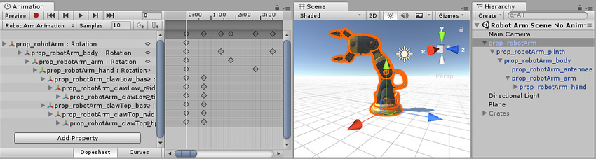 Представление Animation отображает анимированные свойства выбранного GameObject.