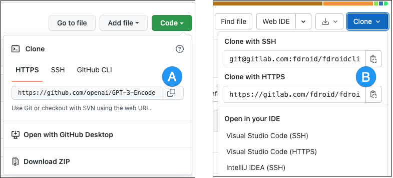 Куда копировать URL на GitHub (A) и GitLab (B)