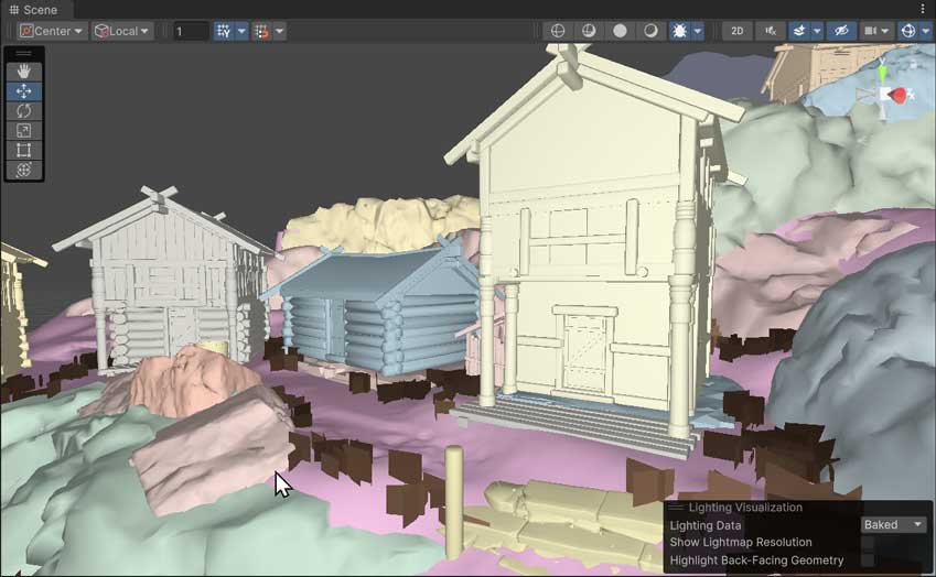 Деревянная деревня в режиме Lightmap Indexes. Различные GameObjects имеют разные пастельные цвета, чтобы представлять разные lightmaps.