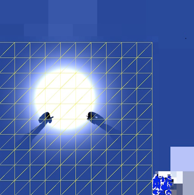 Пример текстуры lightmap с теней. Квадратная область с желтыми линиями представляет собой запеченную поверхность освещения плоскости. Белый круг является ярким точечным светом, а две черные области представляют собой тени от других объектов.