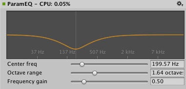 Окно AudioGroup Inspector отображает настраиваемые свойства компонента эффекта Параметр EQ.